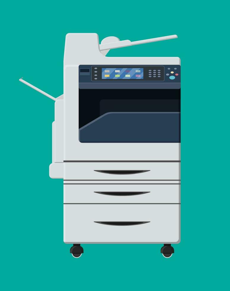 Büro Multifunktion Maschine. Drucker Kopieren Scanner Gerät. professionell Drucken Bahnhof. Vektor Illustration im eben Stil