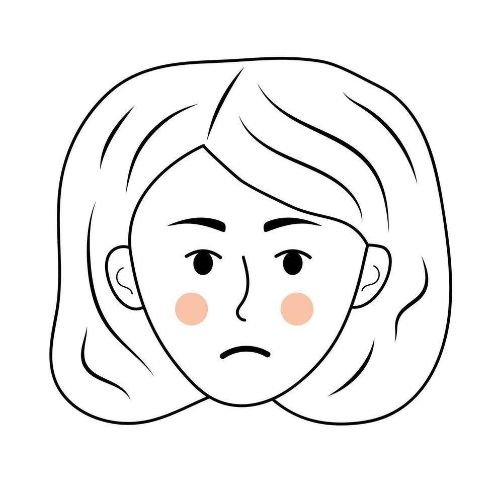 klotter mänsklig ansikte av ledsen kvinna. söt översikt karaktär avatar. vektor linjär illustration.