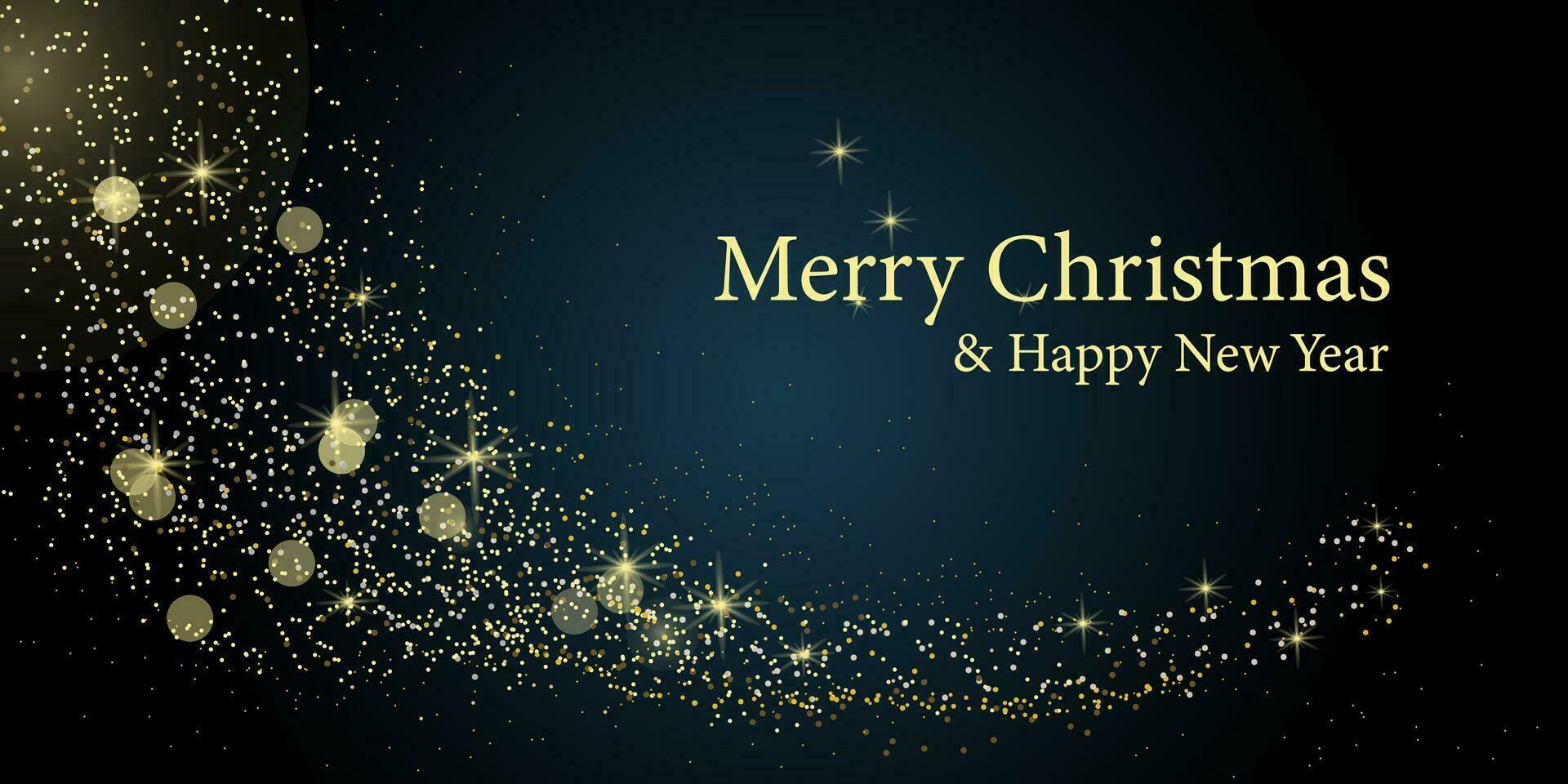 Neu Jahr und Weihnachten Hintergrund mit glühen Gold glänzend Symbole. Weihnachten Hintergrund zum Gruß Karte. Weihnachten Gruß Karte. dunkel Hintergrund. Vektor Illustration