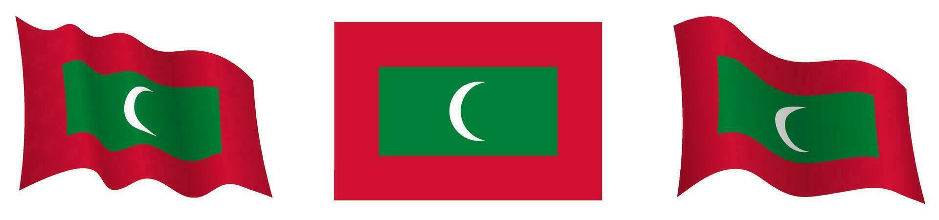 flagga av maldiverna i statisk placera och i rörelse, fladdrande i vind i exakt färger och storlekar, på vit bakgrund vektor