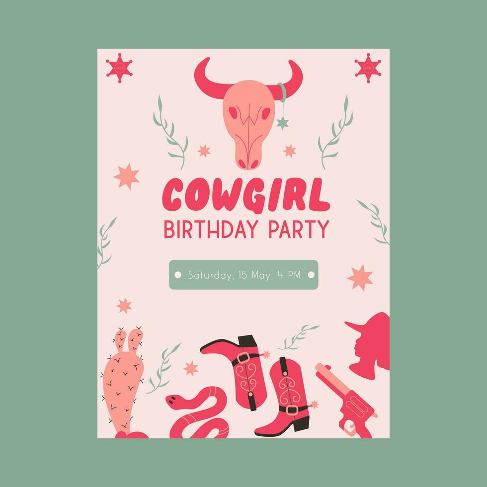 platt stil vild väst cowgirl fest födelsedag inbjudan vektor