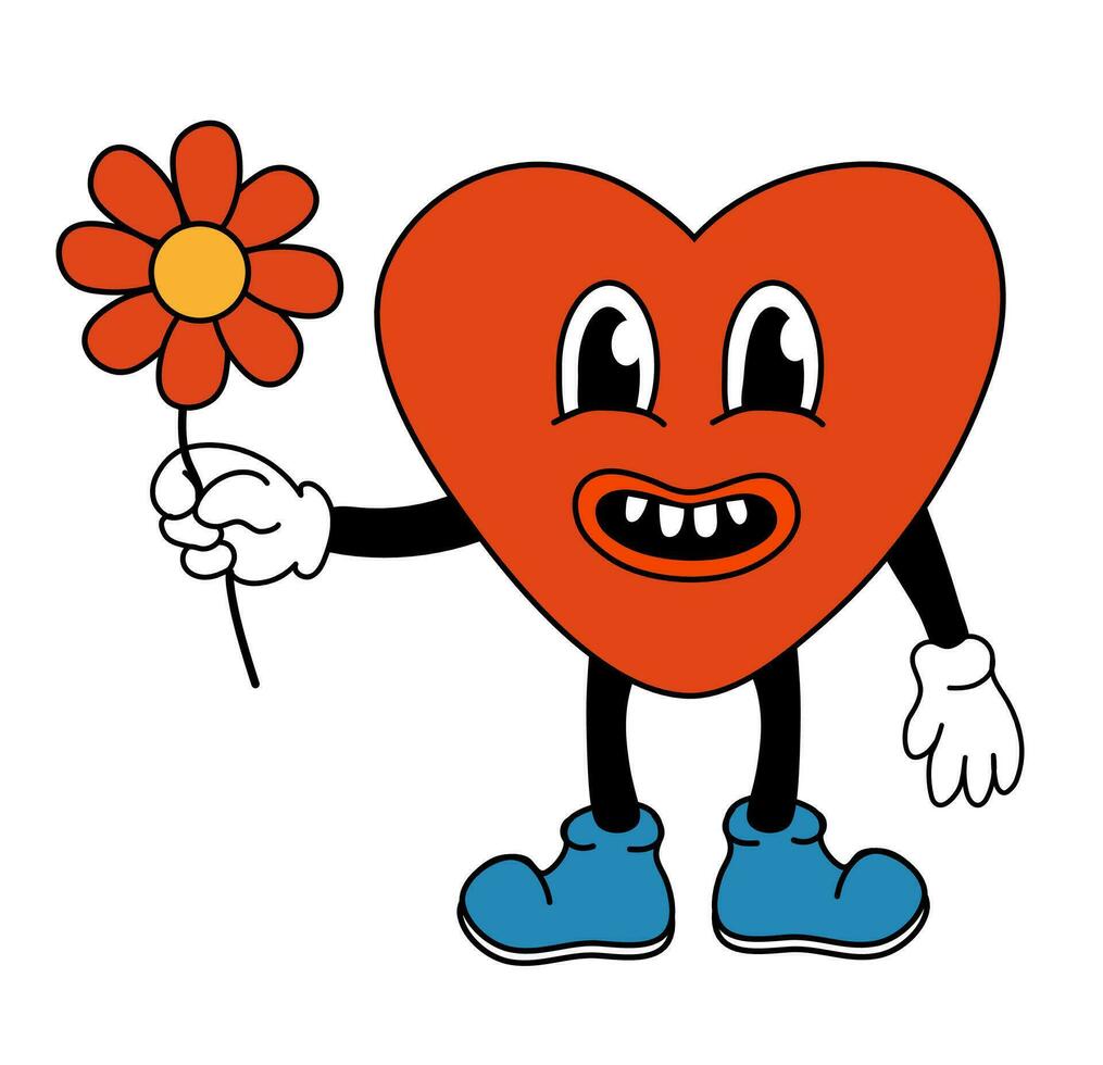 retro 70s 60s 80s hippie häftig valentine dag härlig hjärta karaktär pojke ge blomma. maskot i skraj trendig tecknad serie stil. vektor platt illustration.