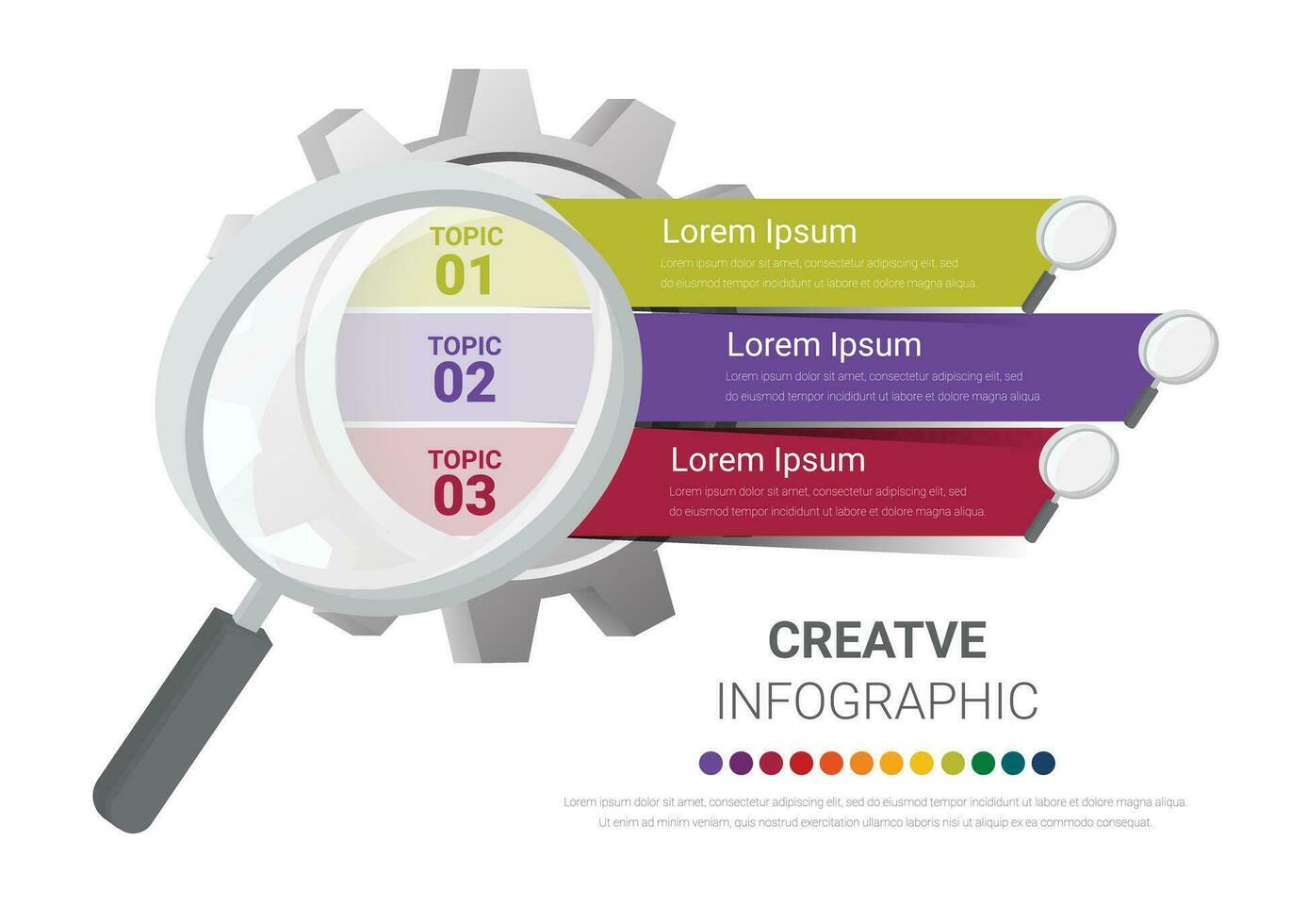 utbildning infographic med förstorande glas element. presentation 3 steg mall design, färgrik vektor mall för presentation och Träning.