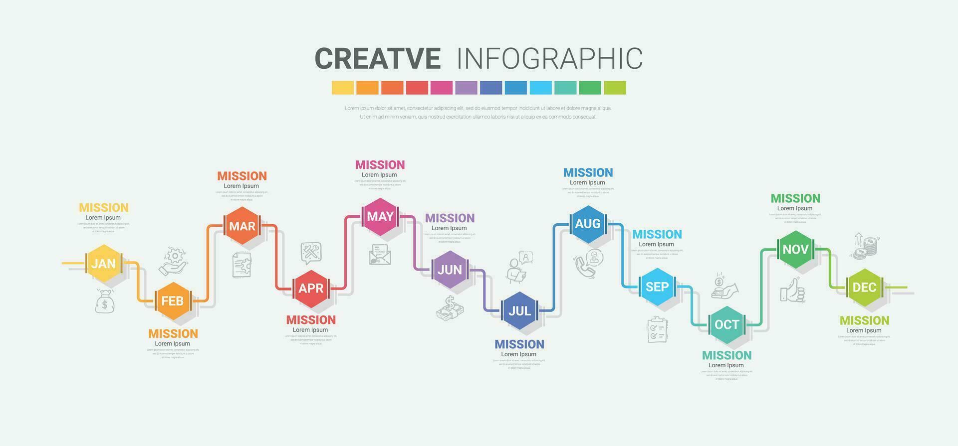 Zeitleiste zum 1 Jahr, Kalender, 12 Monate, Präsentation Geschäft 4 Quartal, Infografik Zeitleiste können Sein benutzt zum Arbeitsablauf, Prozess Diagramm, fließen Diagramm. vektor