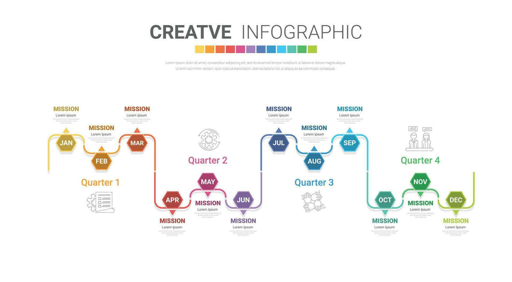 tidslinje för 1 år, kalender, 12 månader, presentation företag 4 fjärdedel, infographic tidslinje kan vara Begagnade för arbetsflöde, bearbeta diagram, strömma Diagram. vektor