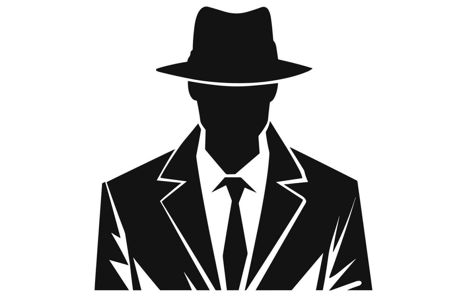 detektiv- logotyp, silhuett av man ha på sig hatt och täcka vektor