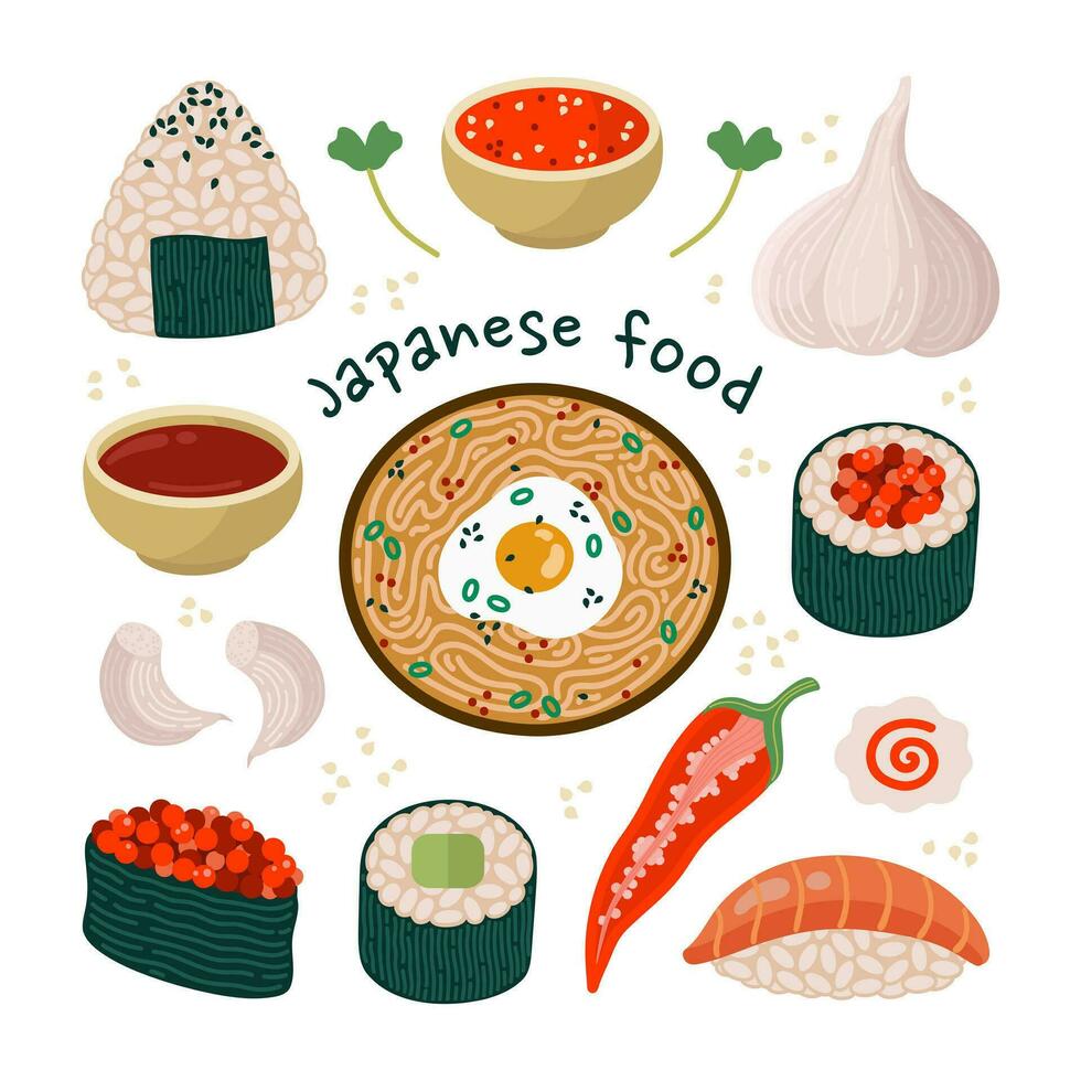 asiatisk mat vektor uppsättning. gott japansk aptitretare - Ramen med ägg, sushi maki, onigiri, gunkan med kaviar. kryddad kryddor - chili peppar, vitlök, soja sås, sriracha. platt tecknad serie ClipArt för meny