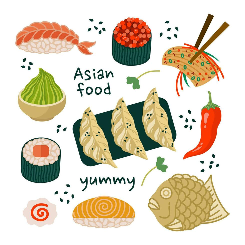 asiatisk snabb mat vektor uppsättning. gott japansk och koreanska snacks - gyoza, nigiri, sushi maki, kimchi, taiyaki. kryddad kryddor - chili peppar, wasabi, sesam. platt tecknad serie ClipArt för skriva ut, meny, webb