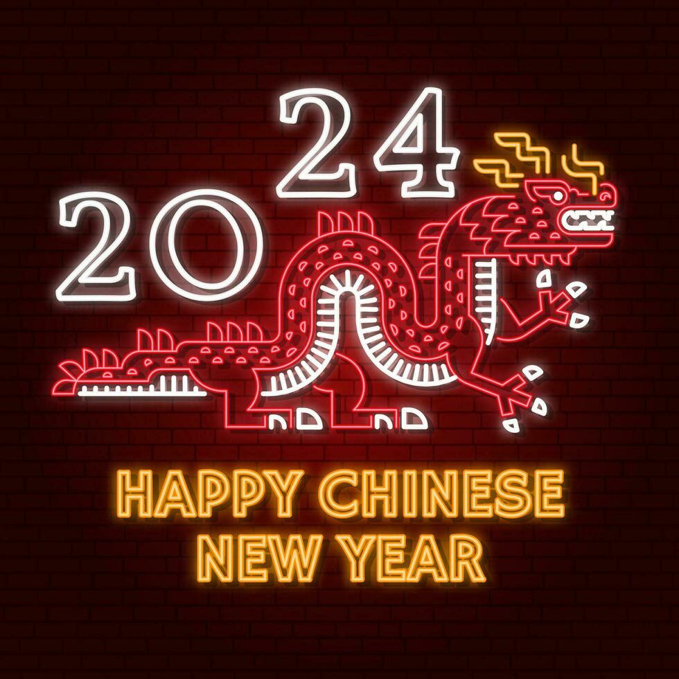 glücklich Chinesisch Neu Jahr Neon- Schöne Grüße Karte, Flyer, Poster im retro Stil mit Drachen. Vektor Illustration. zum Banner, Karten, Plakate mit Drachen Zeichen 2024 Chinesisch Neu Jahr