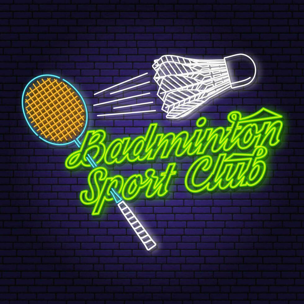 Badminton Sport Neon- Emblem, Logo. Vektor Illustration. Jahrgang Neon- Badminton Etikette mit Schläger und Federball Silhouetten. Konzept zum Hemd oder Logo, drucken, Briefmarke oder Werbung.