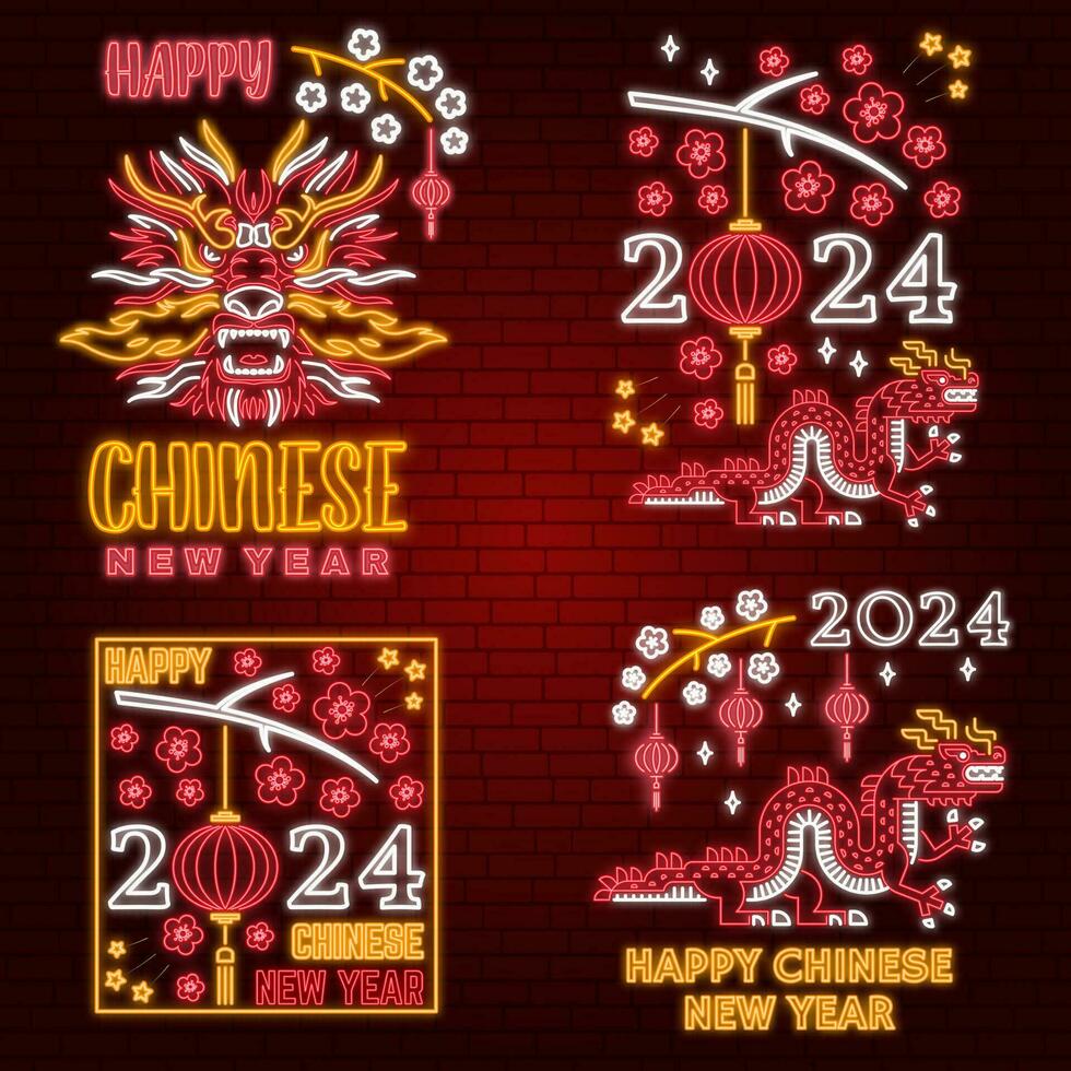 uppsättning av Lycklig kinesisk ny år neon hälsningar kort, flygblad, affisch i retro stil med drake. vektor illustration. för banderoller, kort, posters med drake tecken 2024 kinesisk ny år