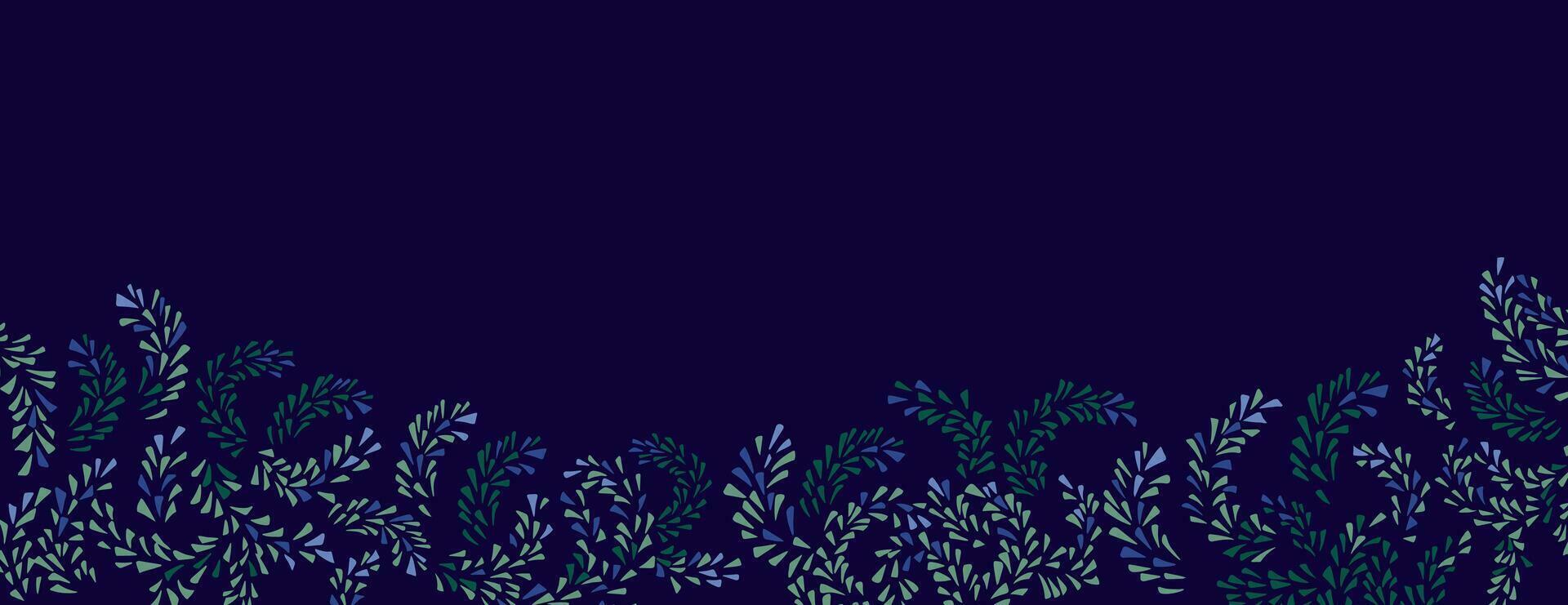 horizontal Rand mit Kopieren Raum. Vektor Hand gezeichnet botanisch Geäst auf das schwarz zurück. Rahmen mit einzigartig Geäst Blumen- Ornament. geeignet zum Email Header, Post im Sozial Netzwerke, Werbung