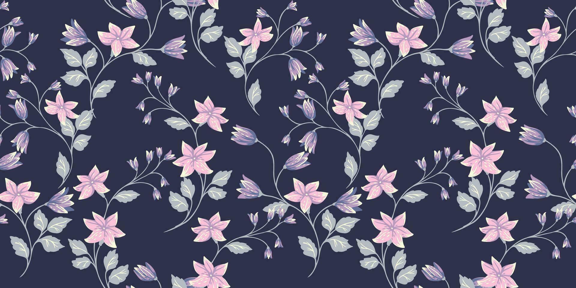 elegant försiktigt retro grenar med blommor klockorna sömlös mönster. vektor hand ritade. konstnärlig, abstrakt rosa grenar blommig och löv, knoppar på en mörk blå tillbaka skriva ut. design för mode, tyg