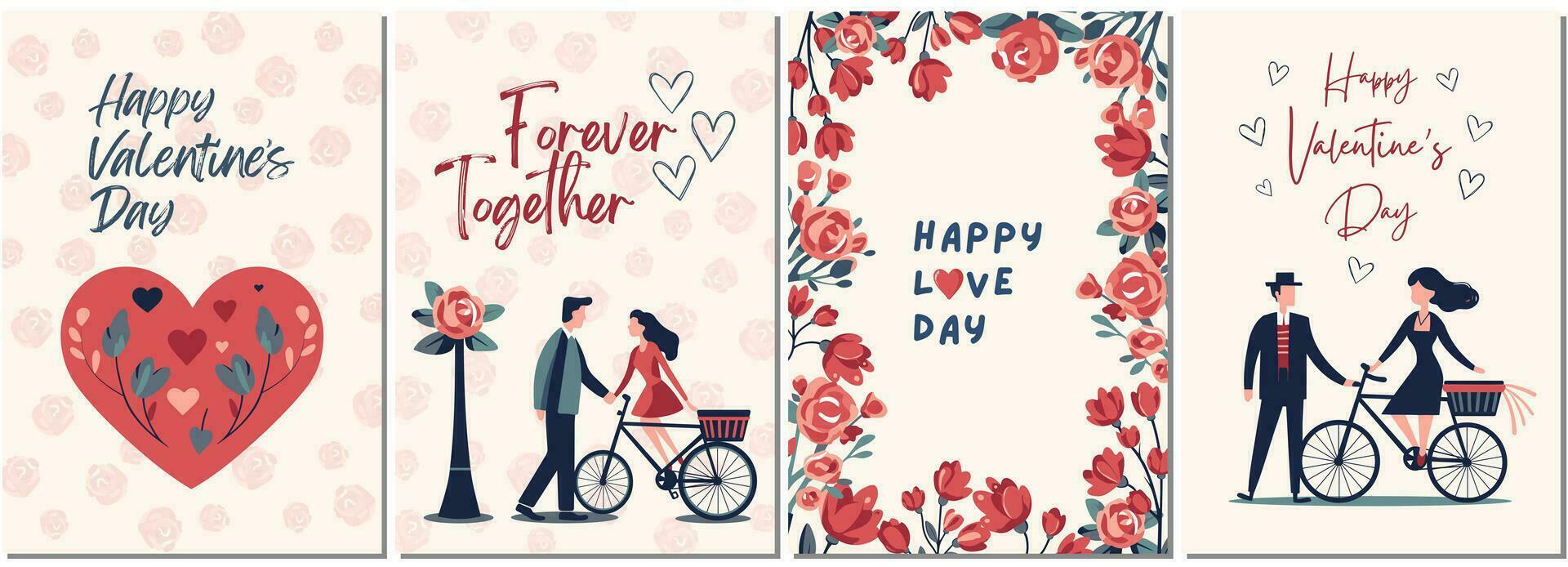 hjärtans dag begrepp affisch i platt stil. uppsättning av kärlek dag kort. bakgrunder med par, hjärtan, rosor. baner eller hälsning kort vektor