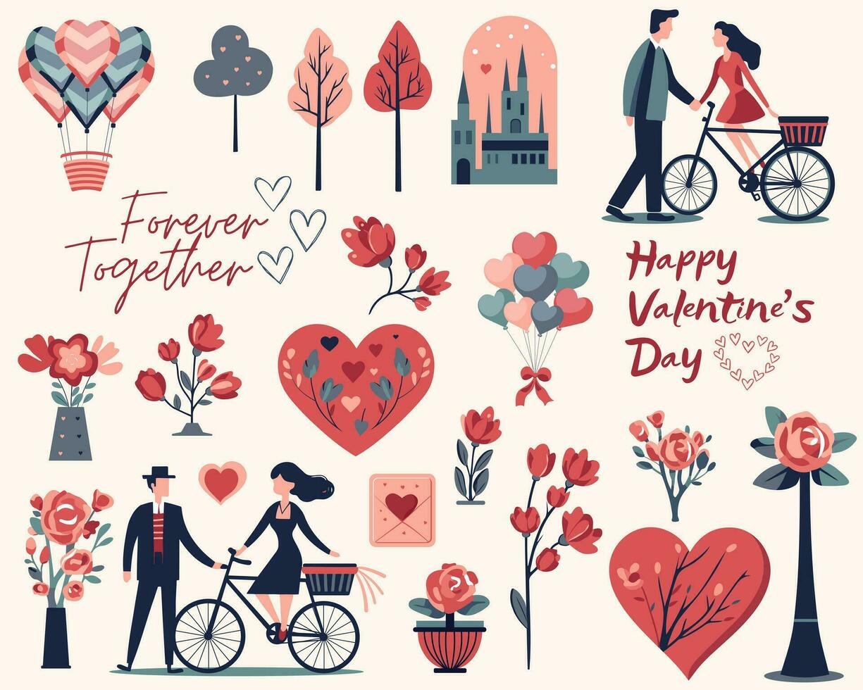 valentines dag uppsättning, romantisk design för kort, affischer, banderoller. par i kärlek, hjärtan, ballonger, blommig buketter. årgång platt stil. vektor
