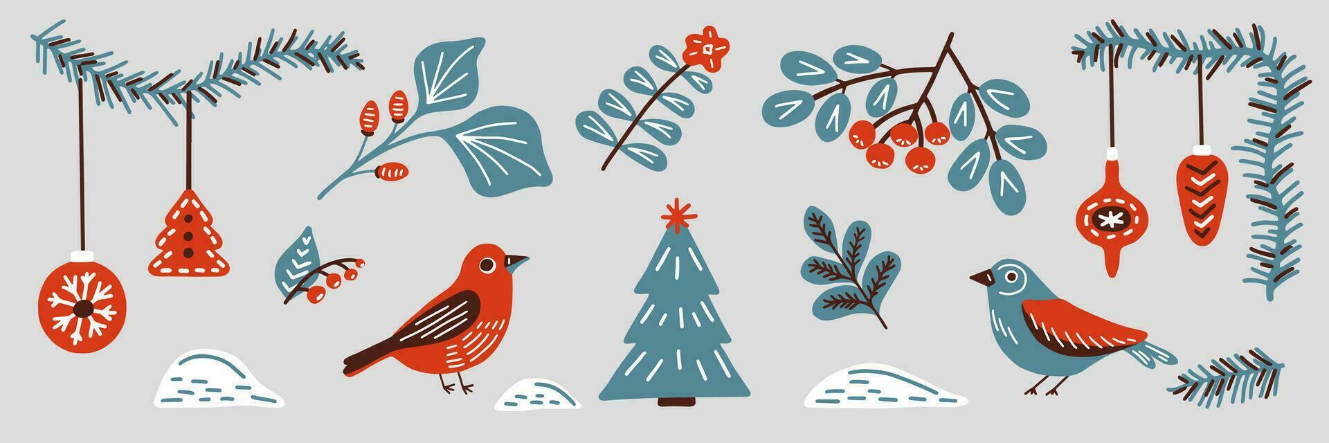 vinter- blommig och fågel i scandinavian enkel retro stil. årgång hand dragen tecknad serie ClipArt - gren, bär, leksak, dekoration för jul kort, affisch, flygblad, skriva ut och mönster. vektor
