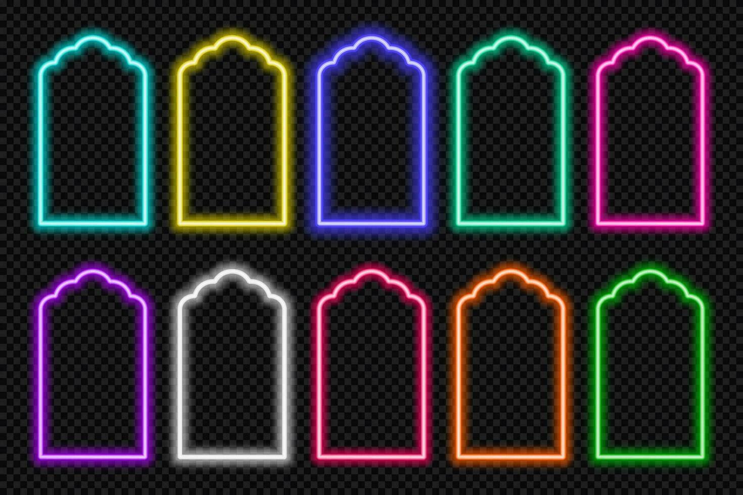 neon form islamic dörr och fönster silhuett lysande arabicum båge. samling av ljus portal i orientalisk stil. ramar i arabicum muslim design för ramadan kareem. vektor moské Port form.