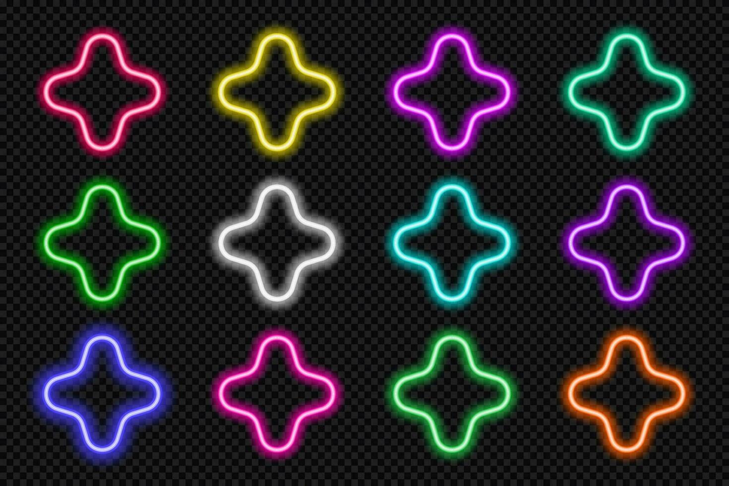 Neon- Star Symbol Satz. glühend coloful Superstar Berühmtheit Taste. geometrisch gestalten Aktion ui Elemente mit Kopieren Raum. lila, Blau, Rosa, Gelb, Grün, rot Farbe Text Kasten. Vektor Illustration.