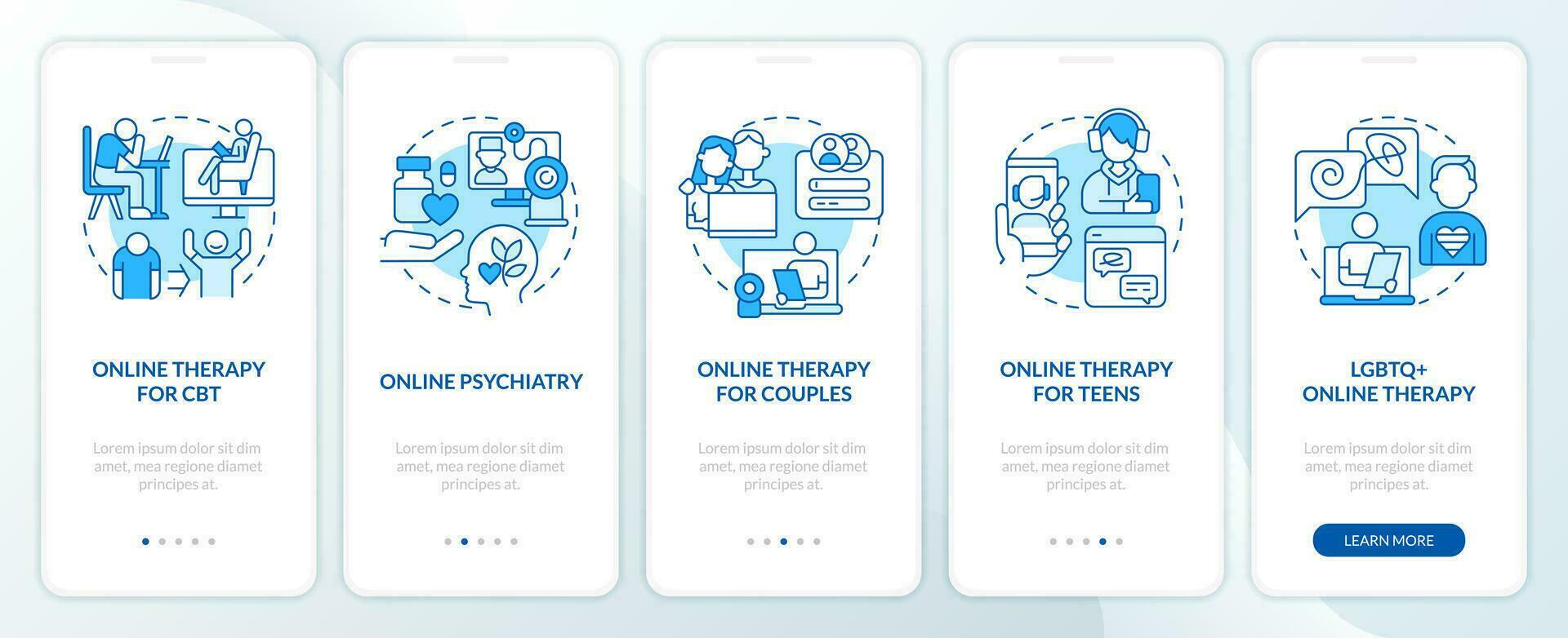 2d ikoner representerar uppkopplad terapi mobil app skärm uppsättning. genomgång 5 steg blå grafisk instruktioner med tunn linje ikoner begrepp, ui, ux, gui mall. vektor