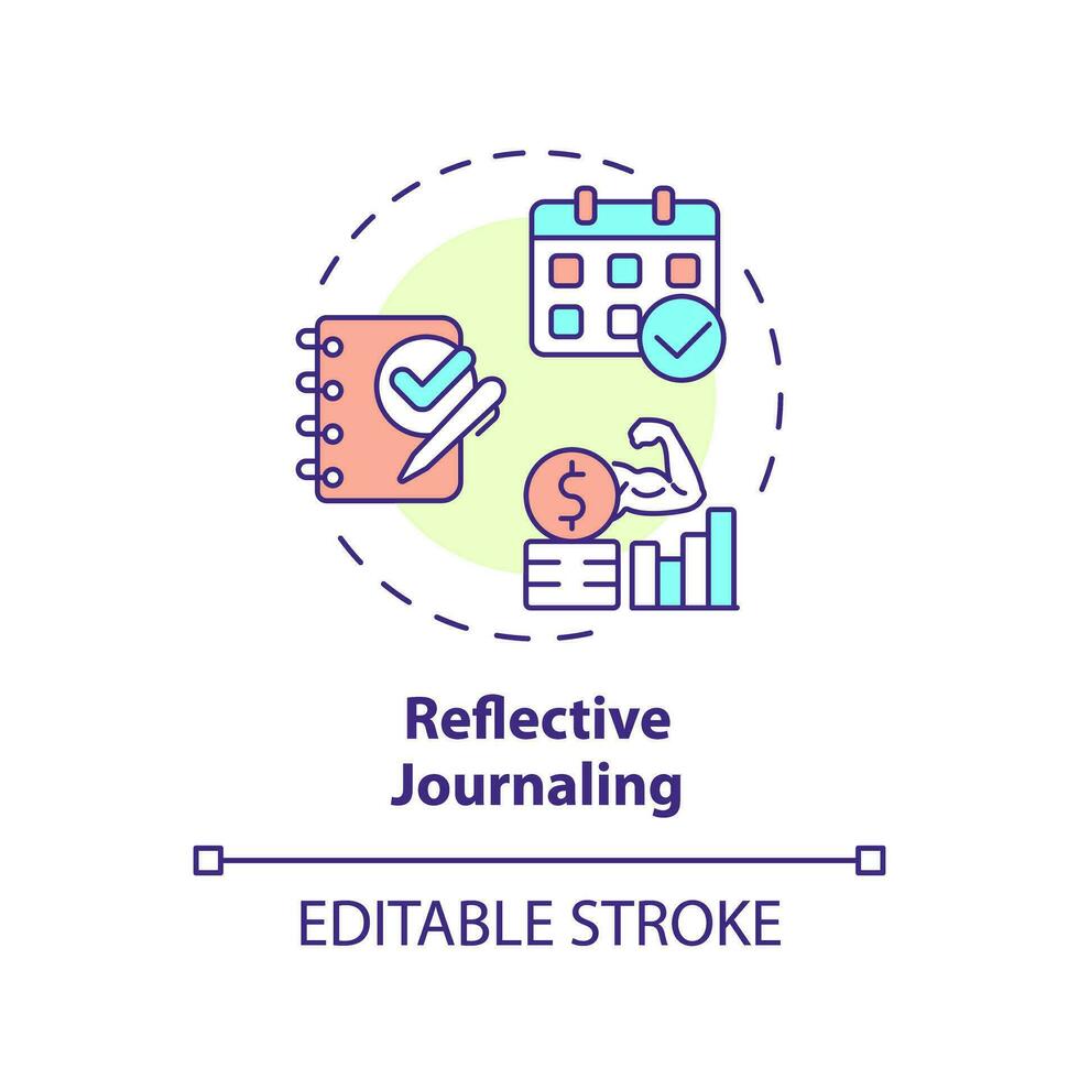 2d redigerbar Flerfärgad ikon reflekterande journalföring begrepp, isolerat vektor, uppmärksam företagande tunn linje illustration. vektor