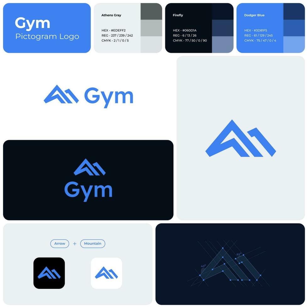 Gym blå linje företag logotyp. mountian enkel ikon. varumärke namn. motivering företag värde. design element. visuell identitet. lämplig för reklam, reklam kampanj vektor