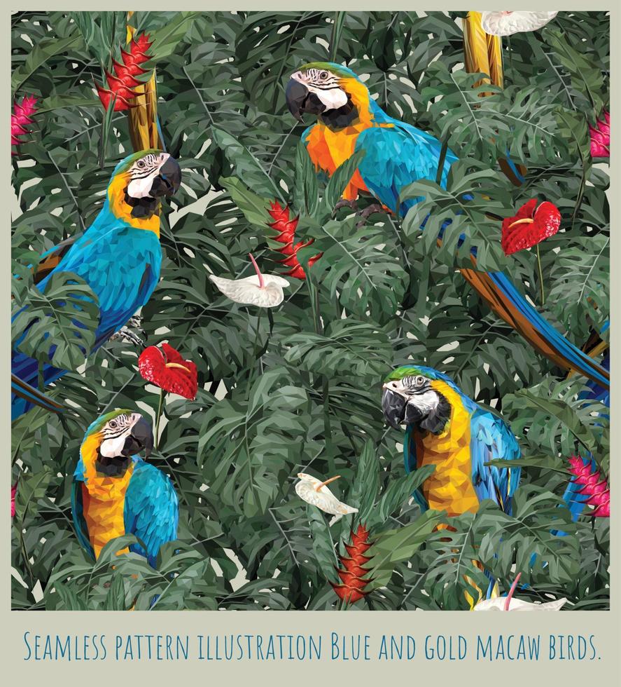 sömlösa mönster illustration blå och guld ara fåglar vektor