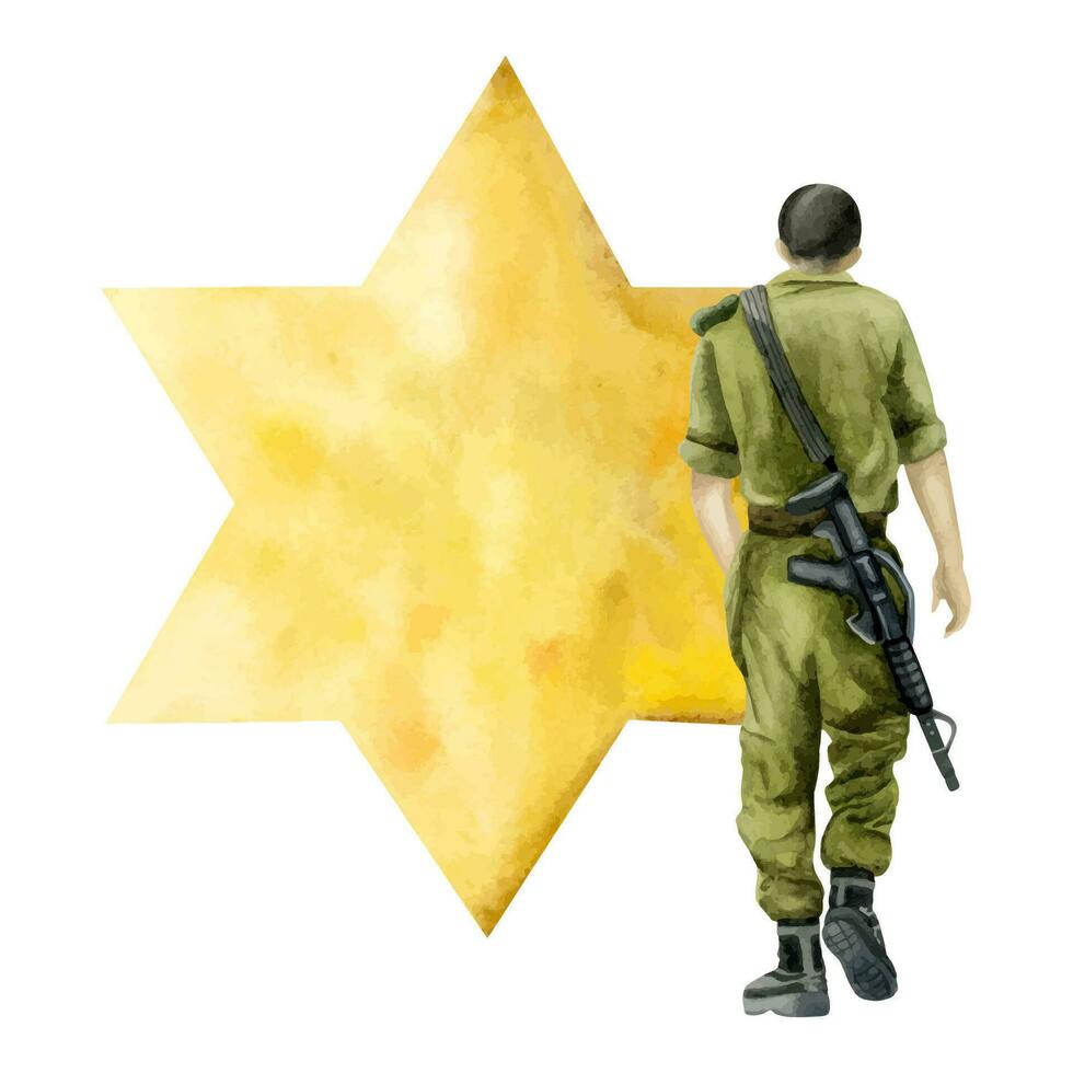 jüdisch Israel Heer Soldat mit Riffel und Gold Gelb Star von David Aquarell Vektor Illustration. Denkmal Tag von gefallen