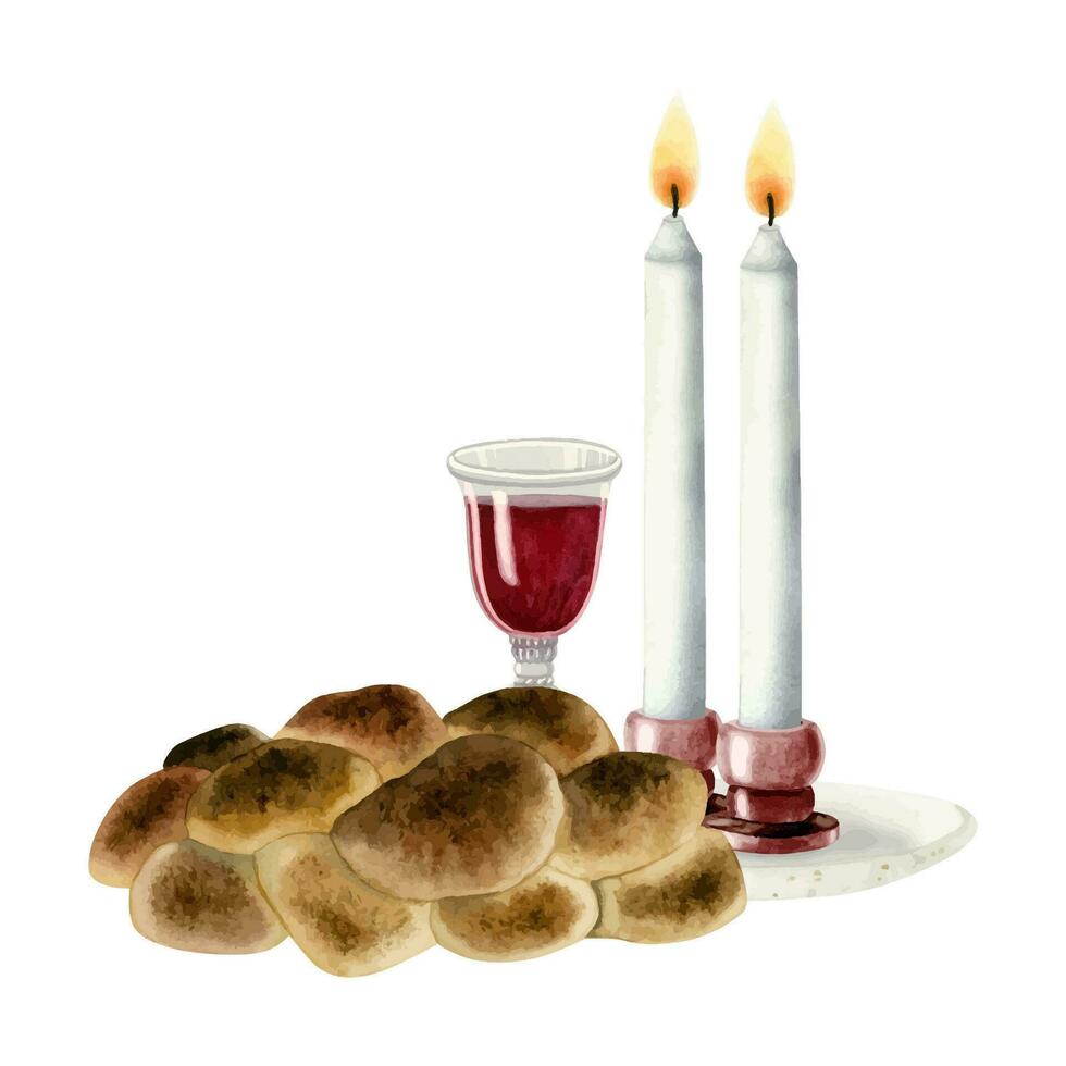 shabbat challah, två ljus och röd vin glas vattenfärg vektor illustration för lördag eve ceremoni och jewish tro