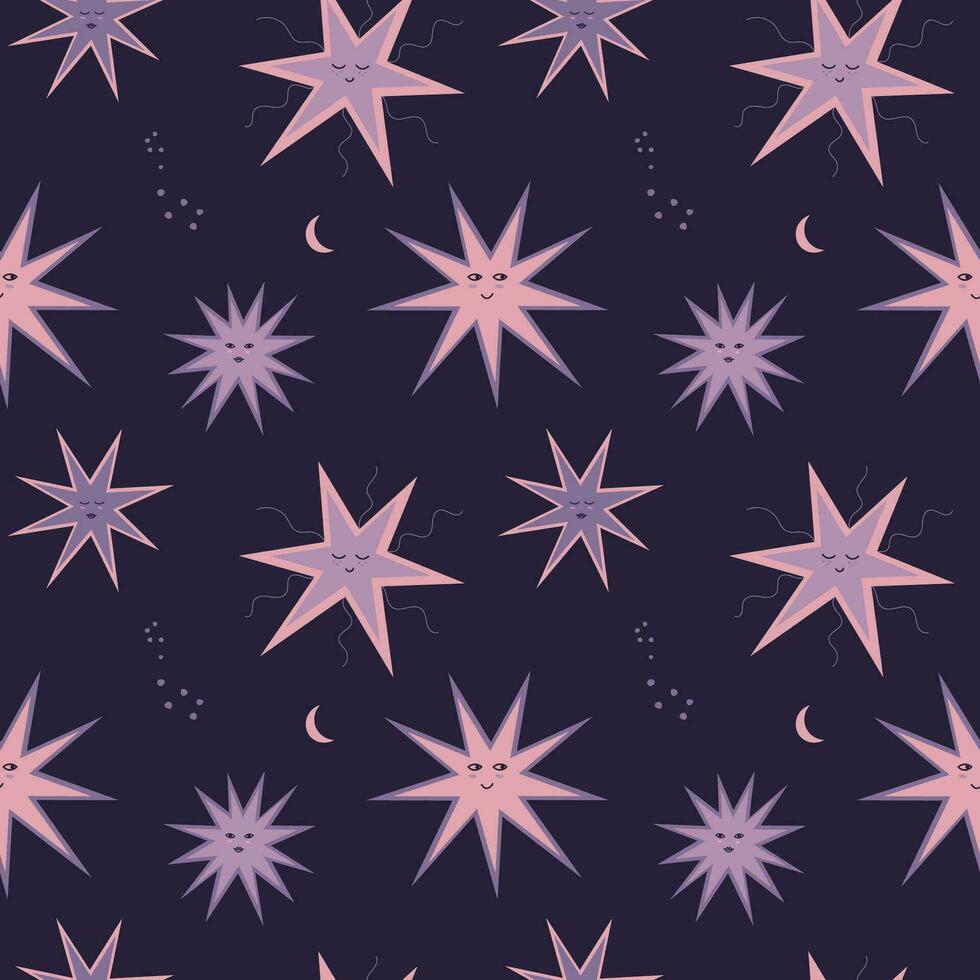 stjärnbelyst sömlös mönster stjärna och måne hand dragen vektor illustration. natt himmel boho upprepa dekorativ bakgrund. bakgrund för tapet, förpackning design, tyg, skriva ut, mall, kort, pyjamas