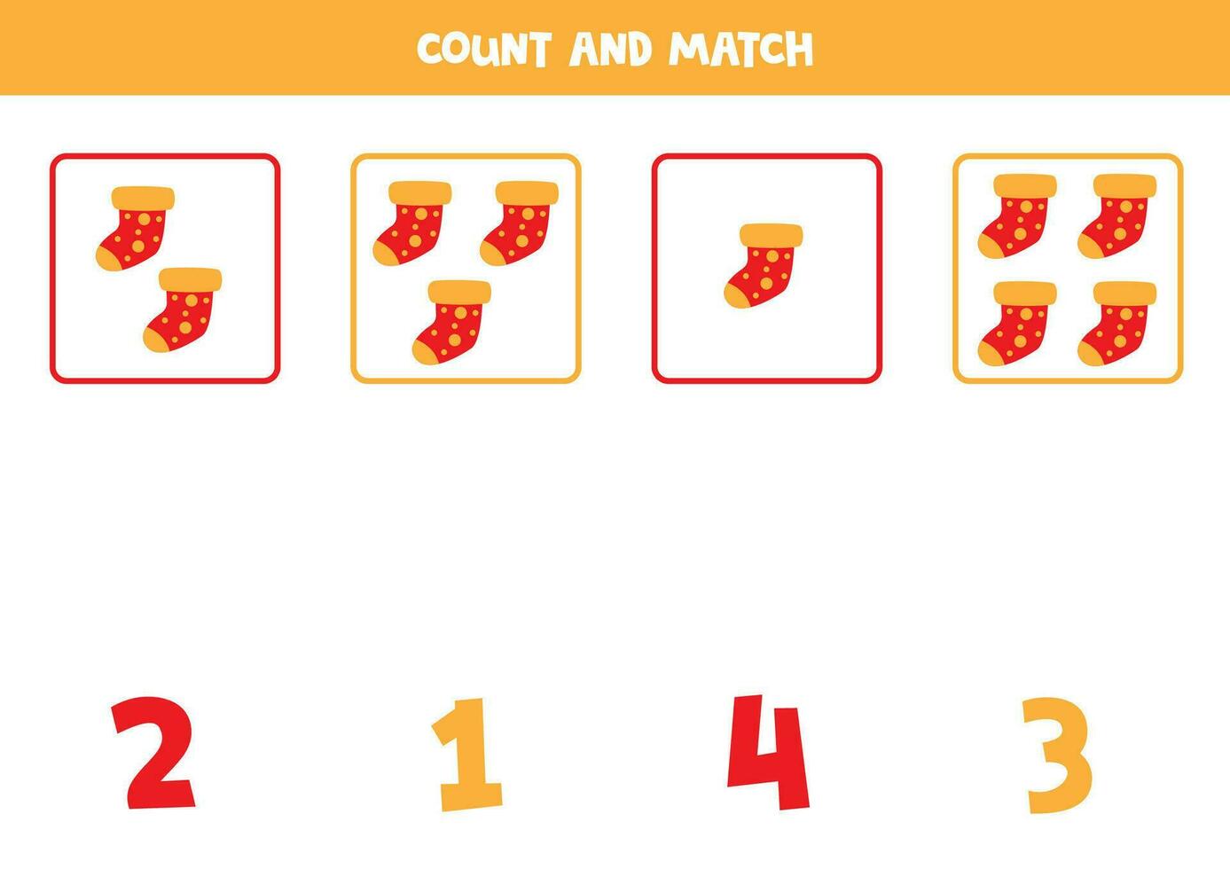 räkning spel för ungar. räkna Allt röd strumpor och match med tal. kalkylblad för barn. vektor