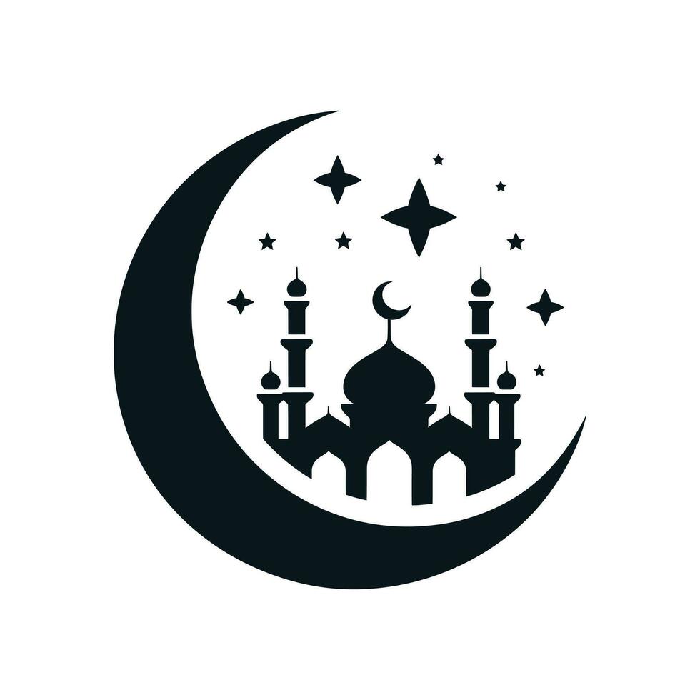 Silhouette von ein Moschee Sitzung auf ein Halbmond Mond Vektor Illustration