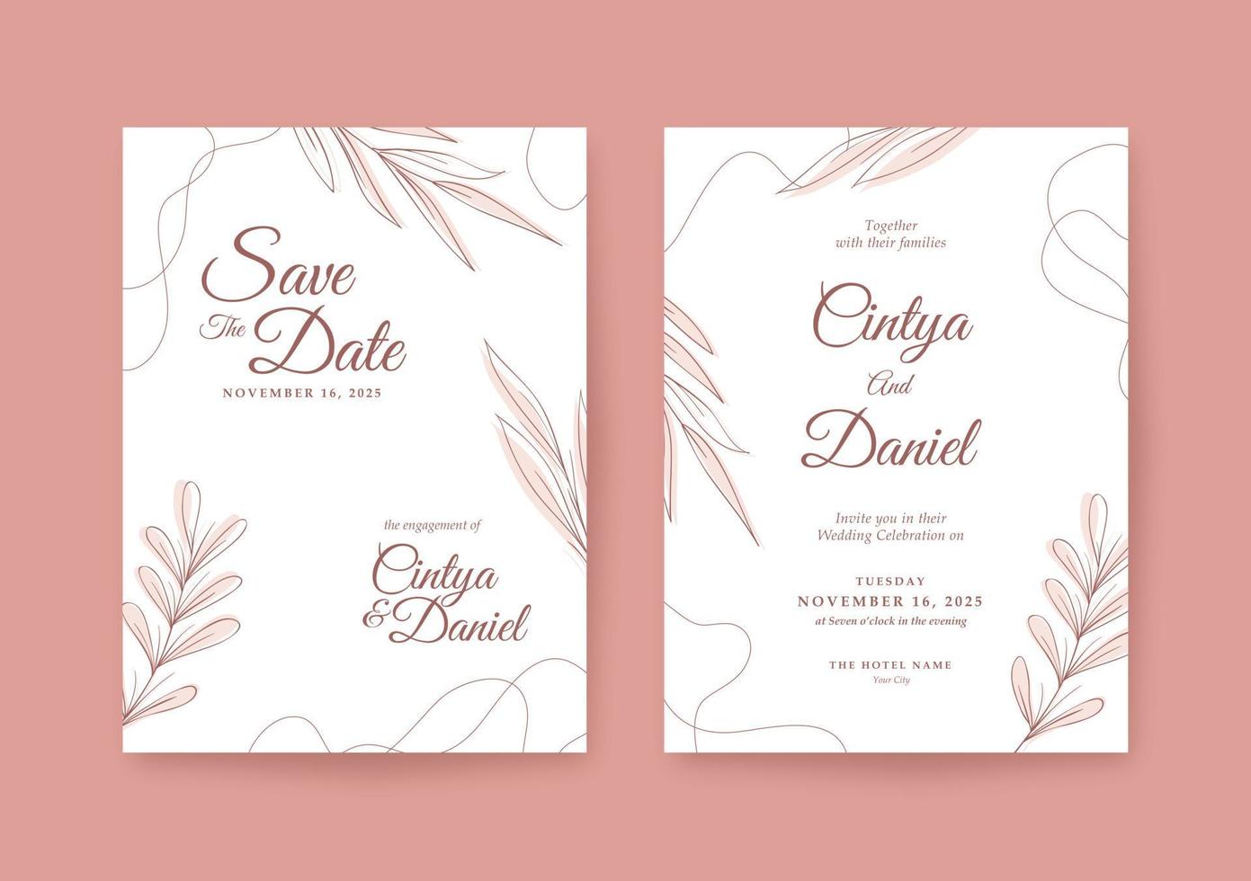 minimalistische süße braune Hochzeitseinladungsvorlage vektor