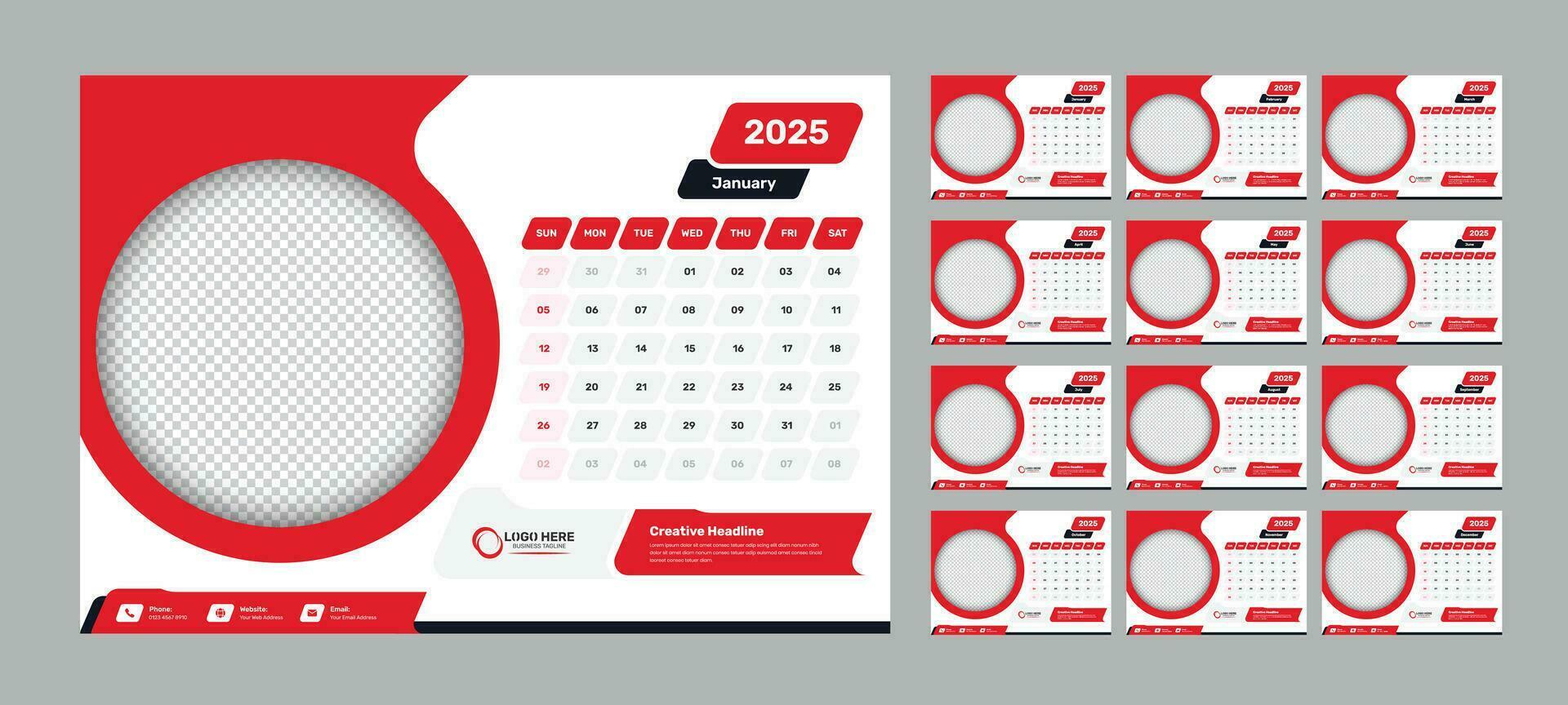 12 sidor kontor skrivbord kalender mall för 2025 med cirkulär bild Platshållare vektor