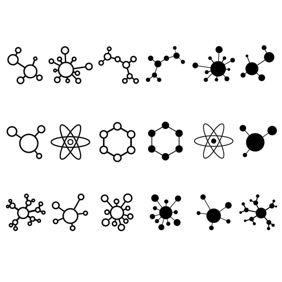 molekyl ikon vektor uppsättning. kemi illustration tecken samling. vetenskaplig symbol. kemisk obligationer logotyp.