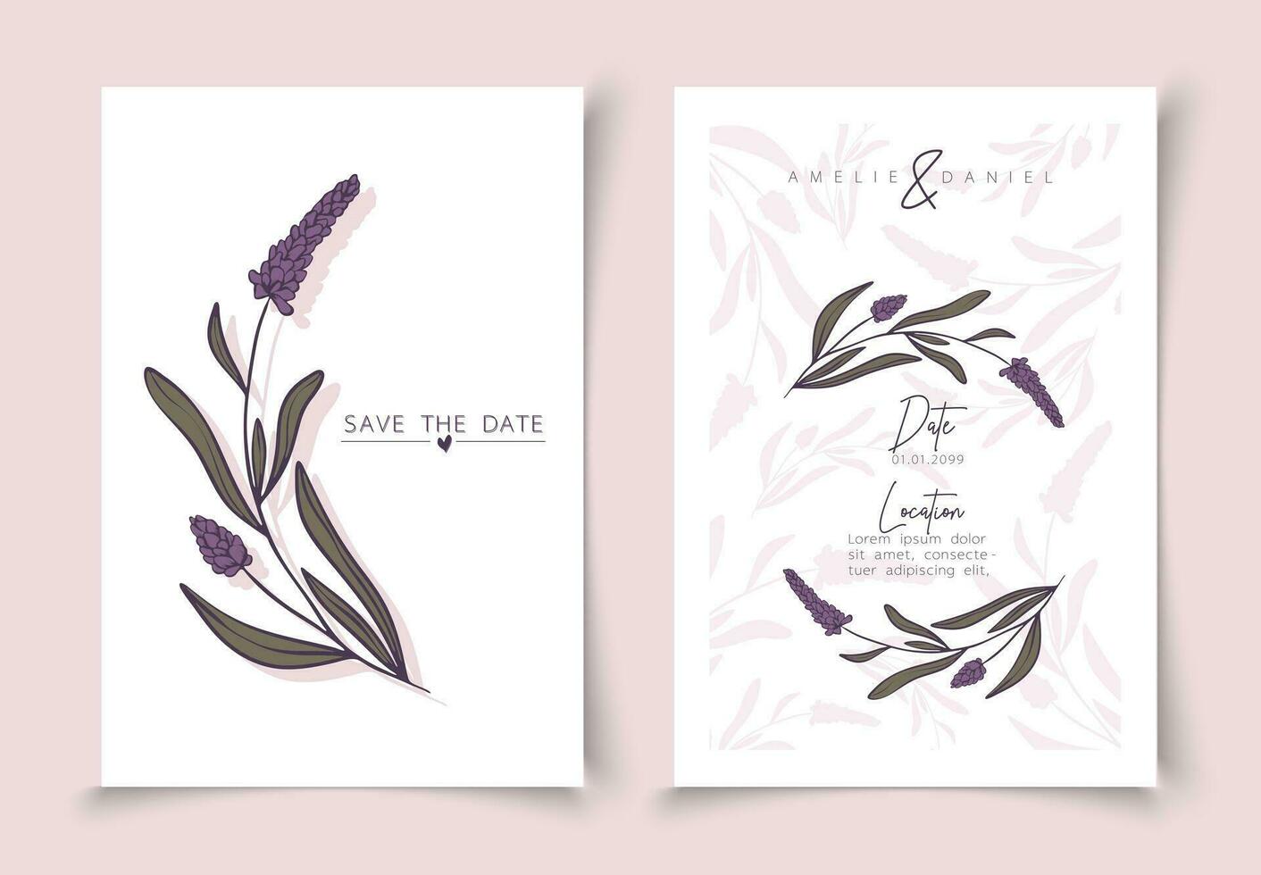 uppsättning av kort minimal hand dragen lavendel- grenar i linje konst stil. botanisk löv ram mall. redigerbar vektor design kort för reklam, omslag, bröllop inbjudan, affisch eller spara de datum.