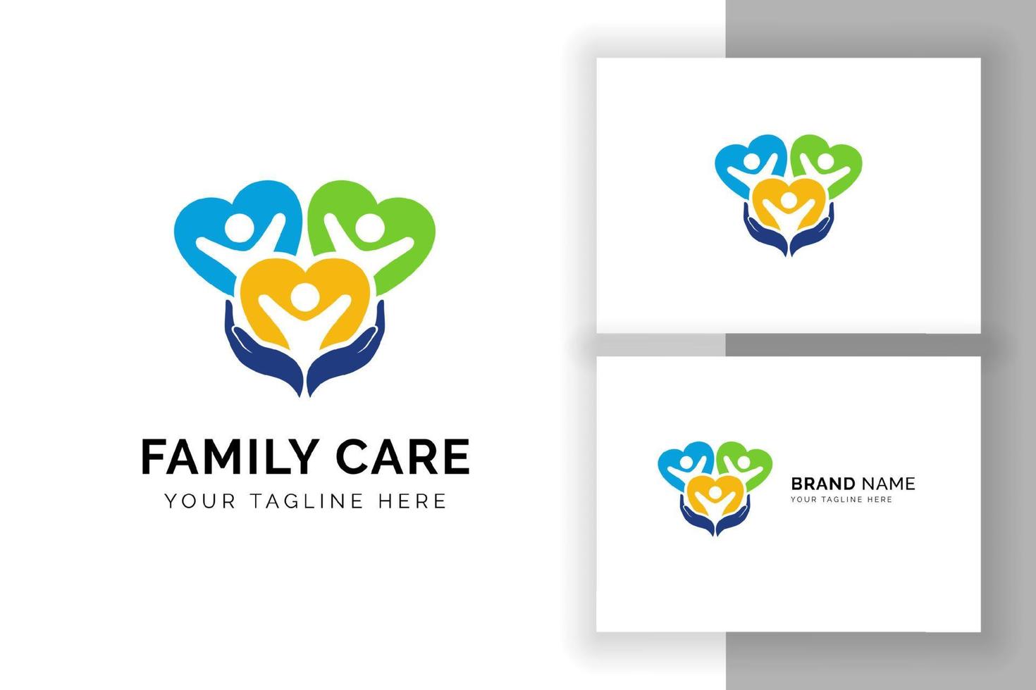 Logo-Design-Vorlage für die Familienpflege. Kind auf der Herzform mit Handpflegeillustration vektor