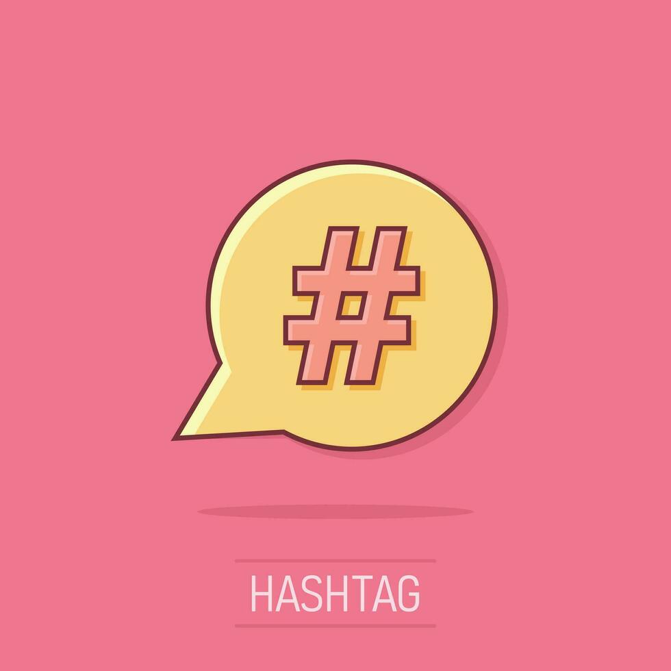 vektor tecknad serie hashtag ikon i komisk stil. social media marknadsföring begrepp illustration piktogram. hashtag nätverk företag stänk effekt begrepp.