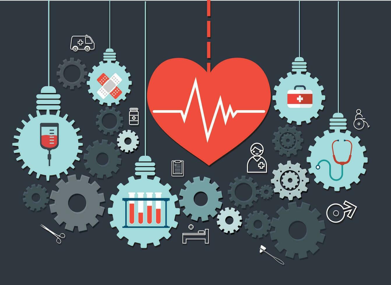medizinisch Hintergrund Herz Getriebe Glühbirne Symbole Werkzeuge Symbole vektor
