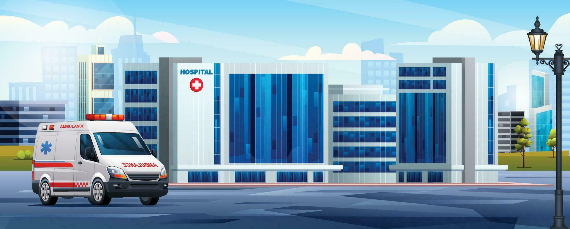 sjukhus byggnad med ambulans nödsituation bil i stad. medicinsk klinik design landskap vektor illustration