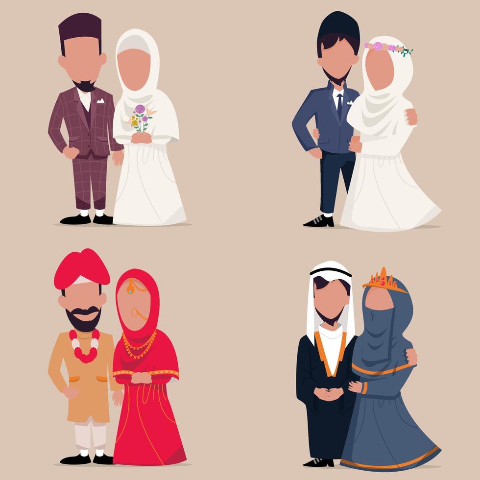 süße und entzückende Hochzeitspaarcharaktere aus verschiedenen Ethnien vektor