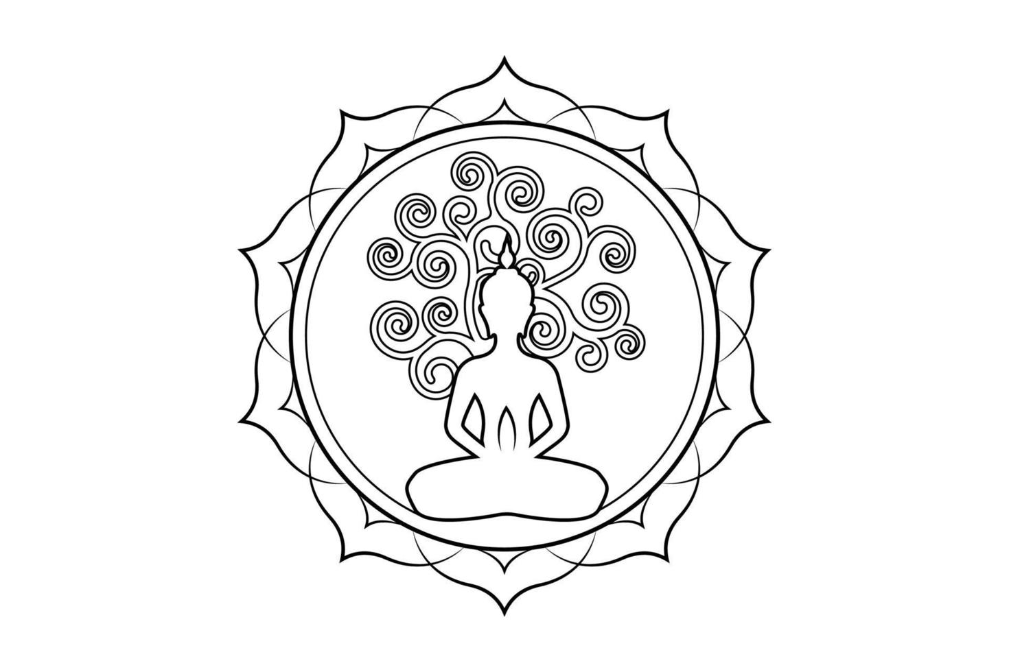 Visakha-Puja-Tag, Buddha-Statue und Bodhi-Baum in der Heiligen Lotus-Logo-Vorlage. heiliger baum, ficus religiosa, baum des lebenskonzepts. Vektor isoliert auf weißem Hintergrund