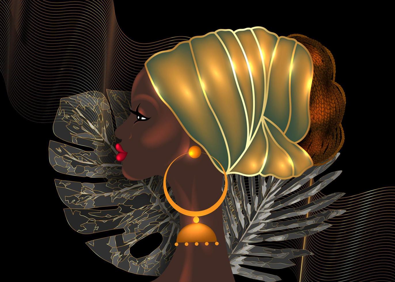 Afro-Frisur, schöne Porträt-Afrikanerin im Wachsdruck-Stoff-Gold-Turban, Diversity-Konzept. schwarze Königin, ethnische Kopfbedeckung für Afro-Zöpfe und verworrenes lockiges Haar. Vektor isolierter schwarzer Hintergrund