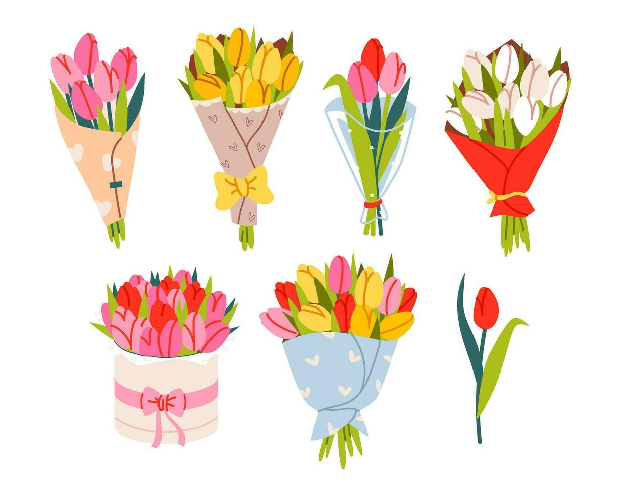 einstellen von verschiedene Blumensträuße von Tulpen. Blumen im Verpackung Papier. Blumen- Design Vorlagen zum Damen und Mutter Tag. eben Vektor Illustration