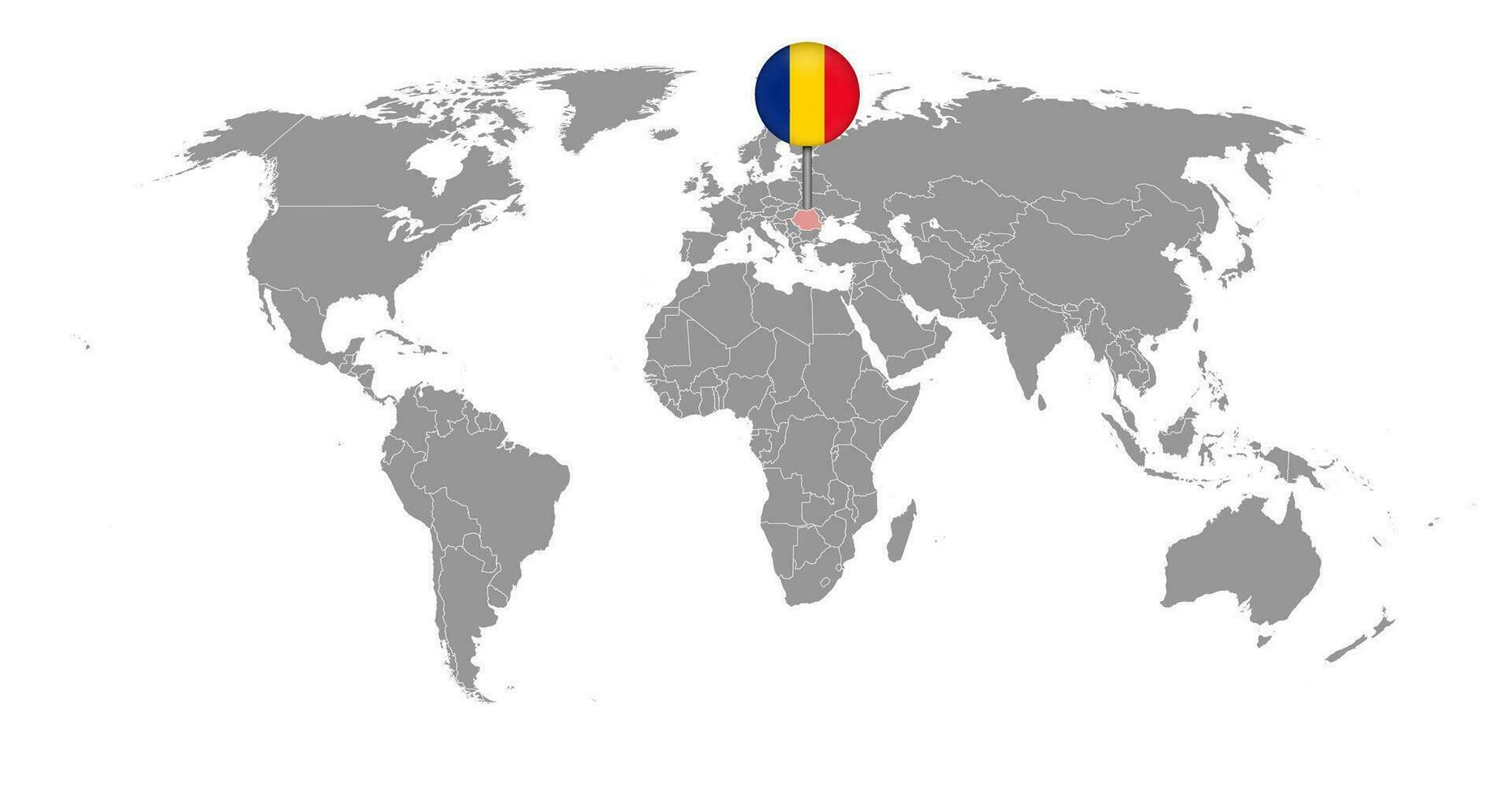 nåla karta med rumänska flaggan på världskartan. vektor illustration.