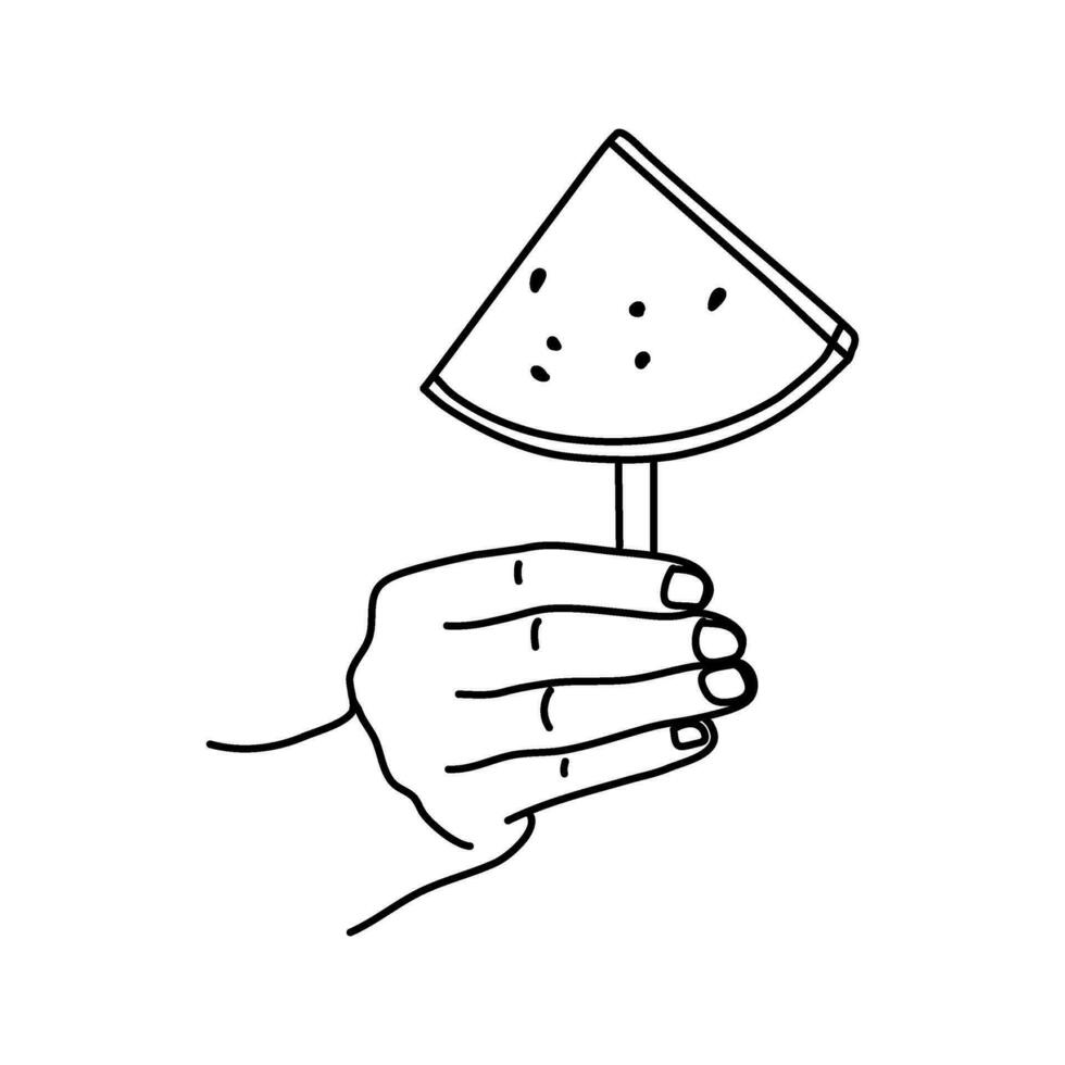 Hand halten Wassermelone Linie Kunst Vektor Illustration zum Sommer- Design