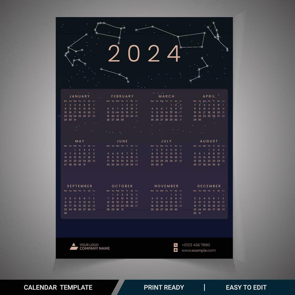 einer Seite Mauer Kalender 2024 drucken bereit Vorlage mit Tierkreis Zeichen Vektor Design