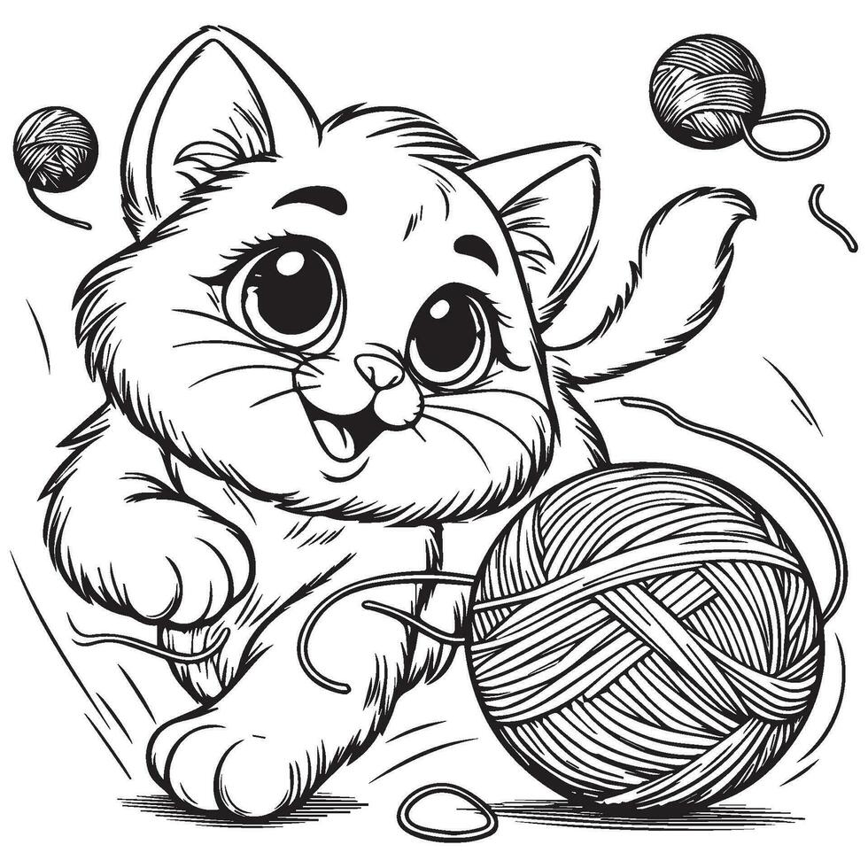 lekfull katt jagar en garn boll med en busig uttryck för de färg bok sida vektor