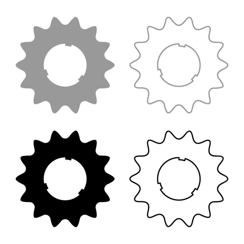 kuggsats kedjehjul cykel stjärna redskap service kedjehjul kuggar hjul med tänder engagerar med kedja uppsättning ikon grå svart Färg vektor illustration bild fast fylla översikt kontur linje tunn platt stil