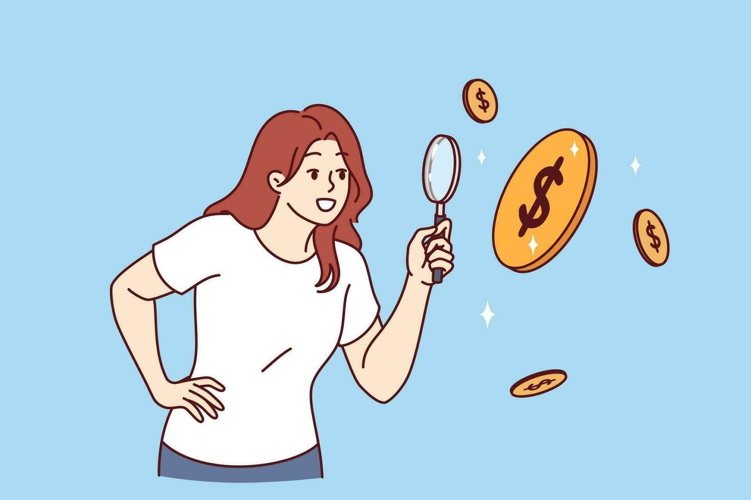 Frau untersucht fallen Münzen durch Vergrößerung Glas Dirigieren finanziell Forschung vektor