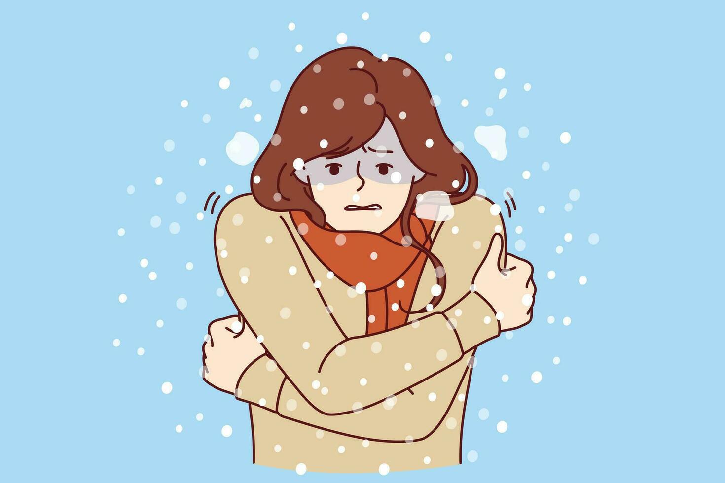 kvinna fryser stående under snö i kall vinter- väder, klädd i Tröja och behov värma jacka vektor